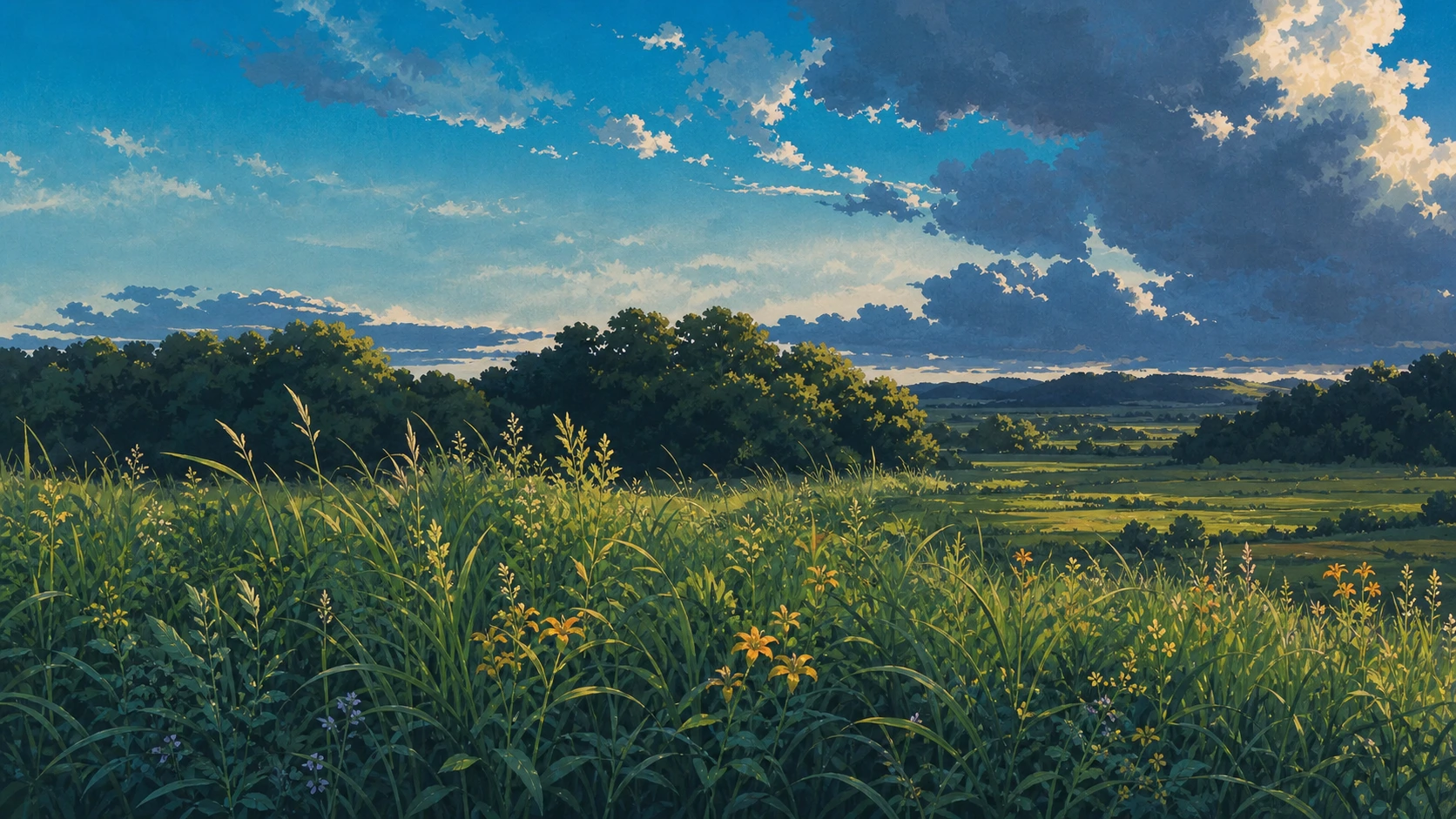 Sunlit wildflower meadow beneath blue storm clouds.
